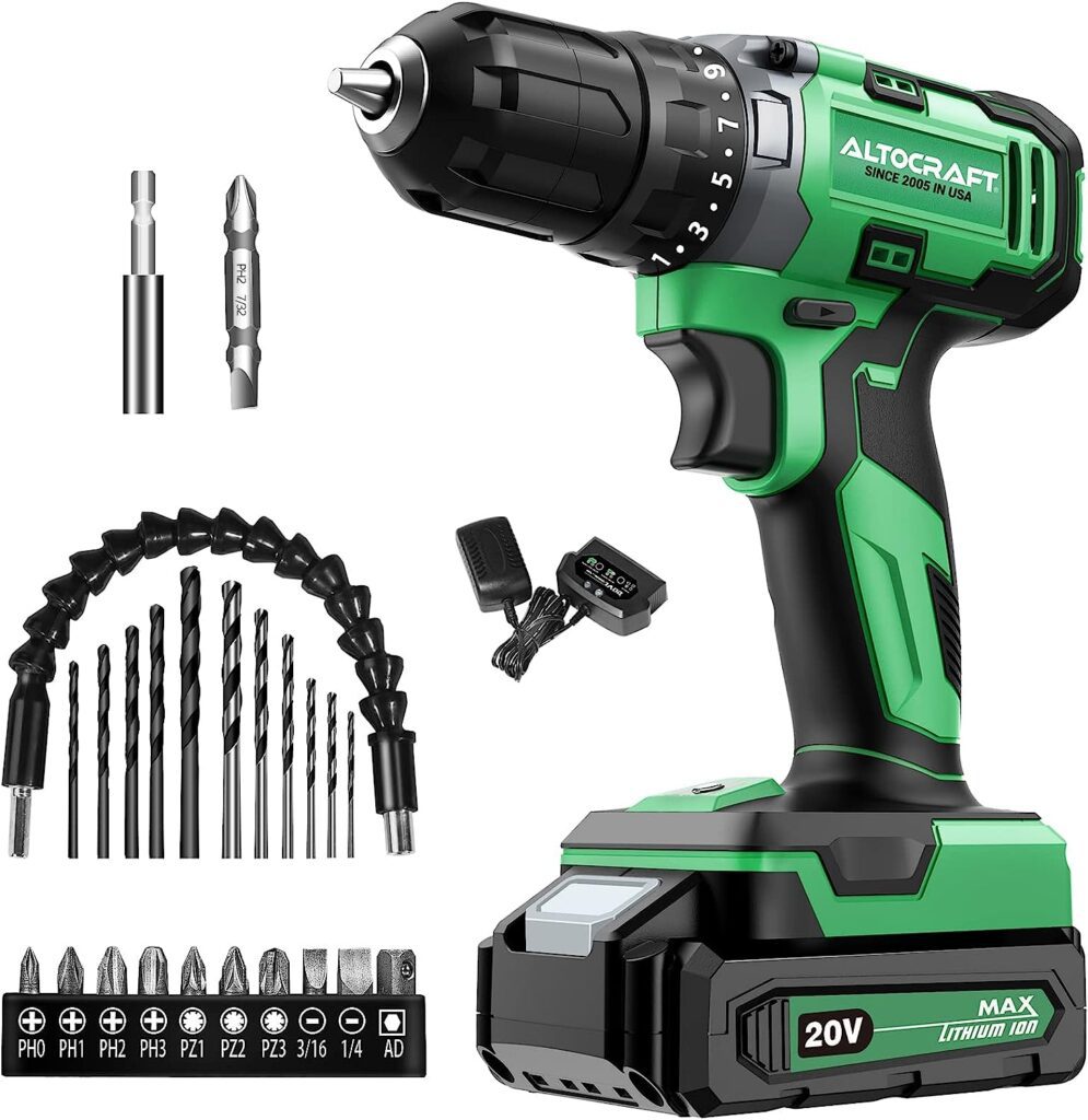 ALTOCRAFT Cordless Drill/Driver Kit 20V MAX,Power Battery Drill Set w/22-Piece Accessories,3/8 inches Keyless Chuck,Variable Speed,Built-in LED Light,Drilling Wall Wood Metal