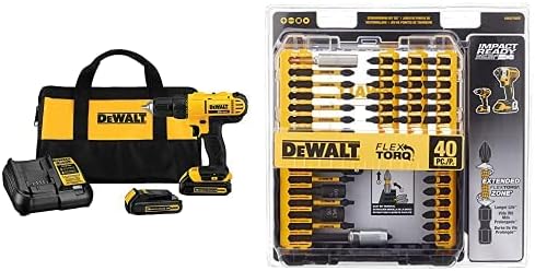 Dewalt DCD771C2 20V MAX Cordless Lithium-Ion 1/2 inch Compact Drill Driver Kit with IMPACT READY FlexTorq Screw Driving Set, 40-Piece