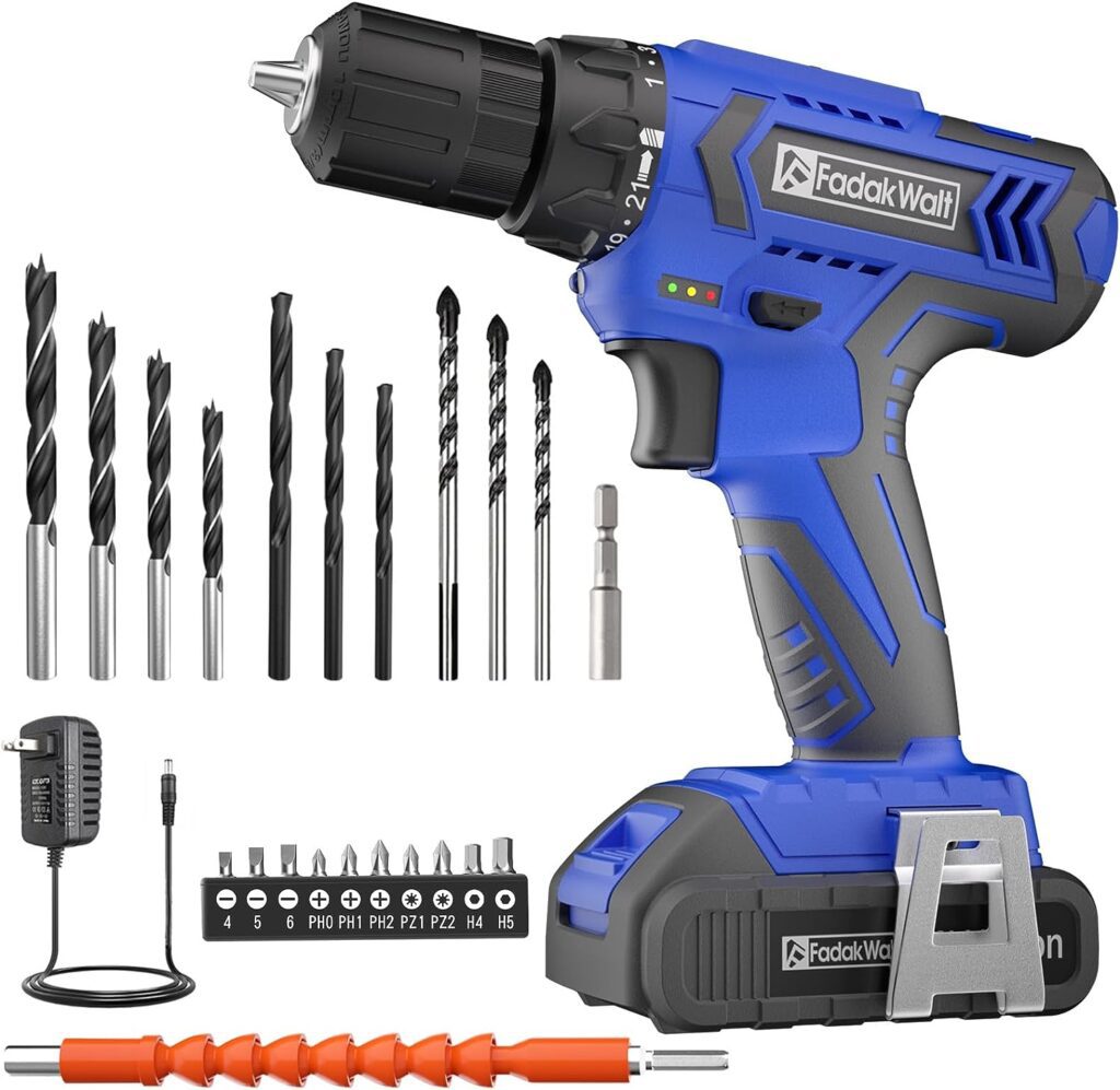 FADAKWALT 20V MAX Cordless Drill Set,Power Drill Kit with Lithium-Ion and charger, 3/8-Inch Keyless Chuck, 2 Variable Speed 21+1 Torque Setting Power Tools Kit，280 inch-lbs with LED Electric Drill Set
