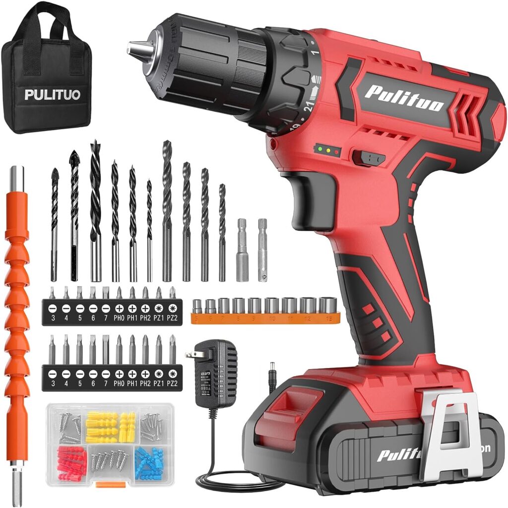 PULITUO Cordless Drill Set, 20V Electric Power Drill with Battery And Charger, Torque 30N, 21+1 Torque Setting, 2 Various Speed, with 43pcs Drill Driver Bits Kit, Screws Set, Tool Bag