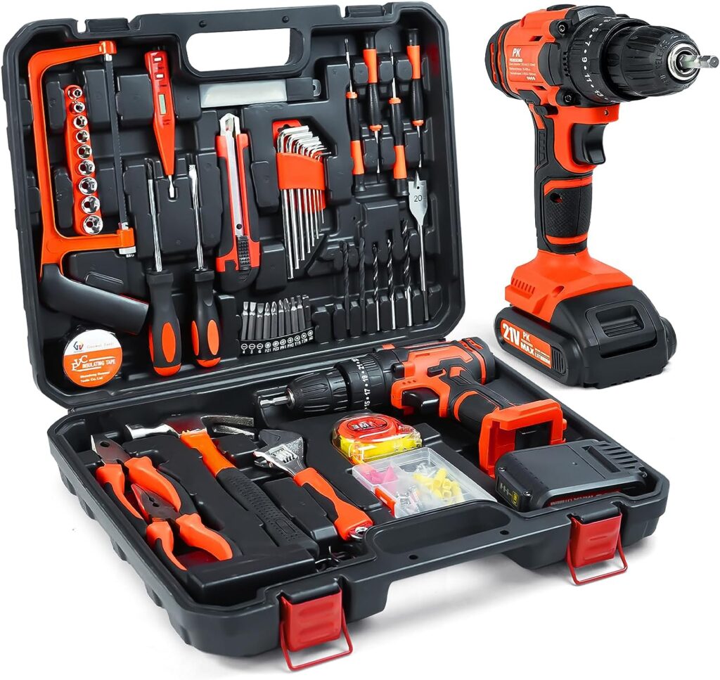 108 Pcs Cordless Drill Set, 531in-lbs MAX 21V Electric Power Drill Driver Kits, 3/8Keyless Chuck 2 Variable Speed Drill with Faster Charger Hammer LED Light Tool Box Set for Home Repair Tool Kit