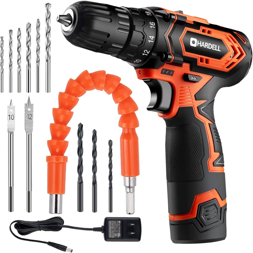 12V Drill/Driver Set, HARDELL Cordless Drill with 15PCS Accessories, Lightweight Power Drill Kit with 1.5Ah Battery, 3/8 Keyless Chuck, 18+1 Torque Setting for Small Household Project