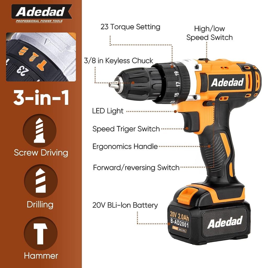 Adedad 20V Cordless Drill Set Electric Power Drill Kit with 2 Batteries and Charger,300 in-lbs Torque, 3/8 Inch Keyless Chuck, 23+1 Position,2 Variable Speed, LED Light and 48pcs Accessories