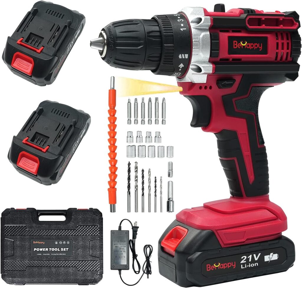 BeHappy Cordless Drill Set, 21V Power Drill Set, Electric Drill Kit with 2 Batteries and Charger, 25+3 Torque Setting, 2 Speed, 315 In-lb, LED, and 23pcs Drill Bit, Impact Drill Set for Home, DIY