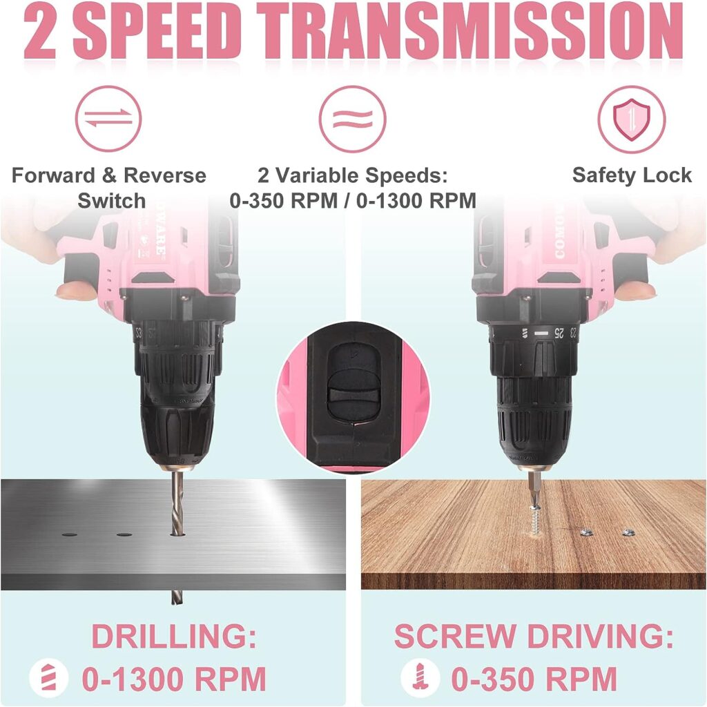 COMOWARE Pink Power Drill, 20V Pink Cordless Drill, Pink Drill Set for Women, 1 Battery  Charger, 3/8 Keyless Chuck, 2 Variable Speed, 0-350  0-1300 RPM, 25+1 Position and 34pcs Drill/Driver Bits