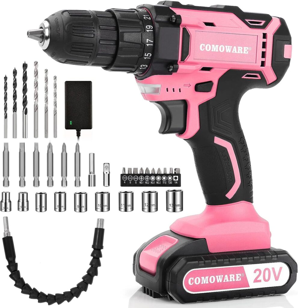 COMOWARE Pink Power Drill, 20V Pink Cordless Drill, Pink Drill Set for Women, 1 Battery  Charger, 3/8 Keyless Chuck, 2 Variable Speed, 0-350  0-1300 RPM, 25+1 Position and 34pcs Drill/Driver Bits