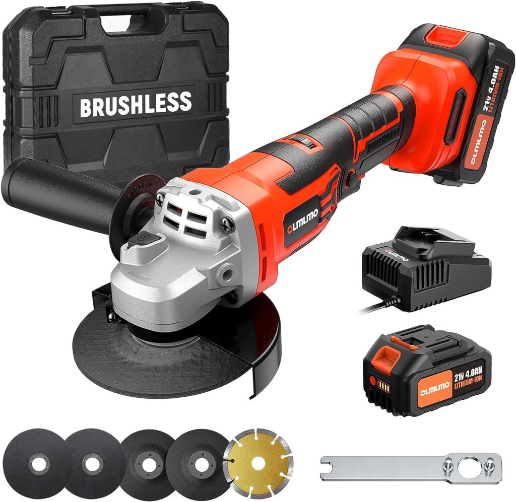 Cordless Angle Grinder,Cordless Grinder with Battery and Charger,4000mAh Batteries,21V,10000RPM Brushless Motor Metal Grinder,4-1/2 Cutting Wheels, Flap Disc,Cordless Metal Cutting Tool