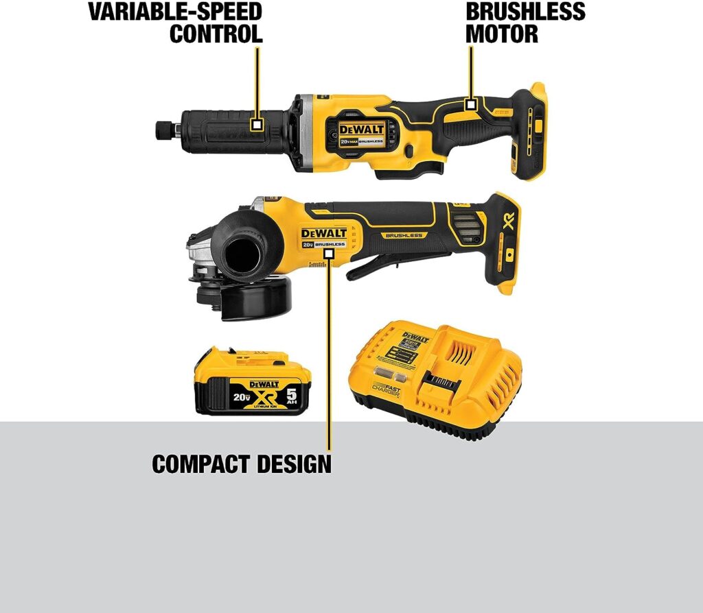 DEWALT 20V MAX Angle Grinder and Die Grinder, Cordless 2-Tool Set with Battery and Charger (DCK203P1), Yellow,white