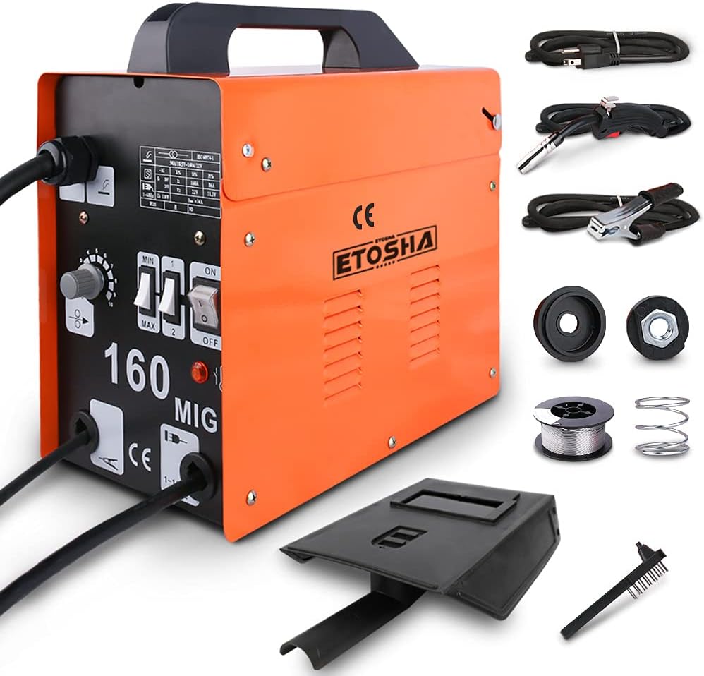 ETOSHA MIG Welder 160A Portable Welding Machine, Flux Core Wire Gasless Automatic Wire Feeding Welders, 110V AC Wire Feed Welder with Welding Gun, Grounding Clamp, Input Power Adapter Cable and Brush