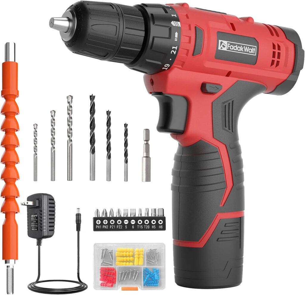 FADAKWALT Cordless Drill Set,12V Power Drill Set with Battery and Charger, compact Driver/Drill Bits, 3/8 Keyless Chuck,21+1 Torque Setting, 180 inch-lbs, with LED Electric Drill Set (Red)