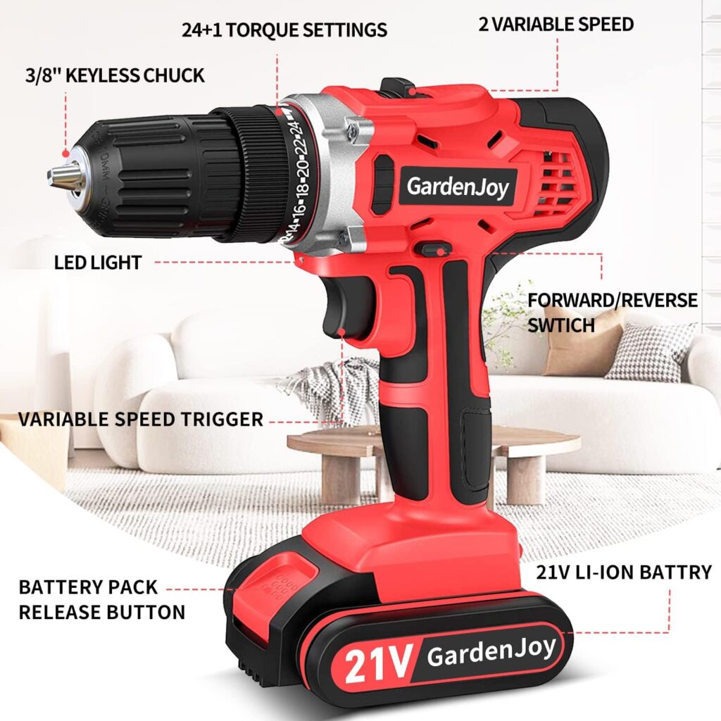 GardenJoy Cordless Power Drill Set: 21V Electric Drill with Fast Charger 3/8-Inch Keyless Chuck 2 Variable Speed 24+1 Torque Setting Power Tools Kit and 30pcs Drill/Driver Bits