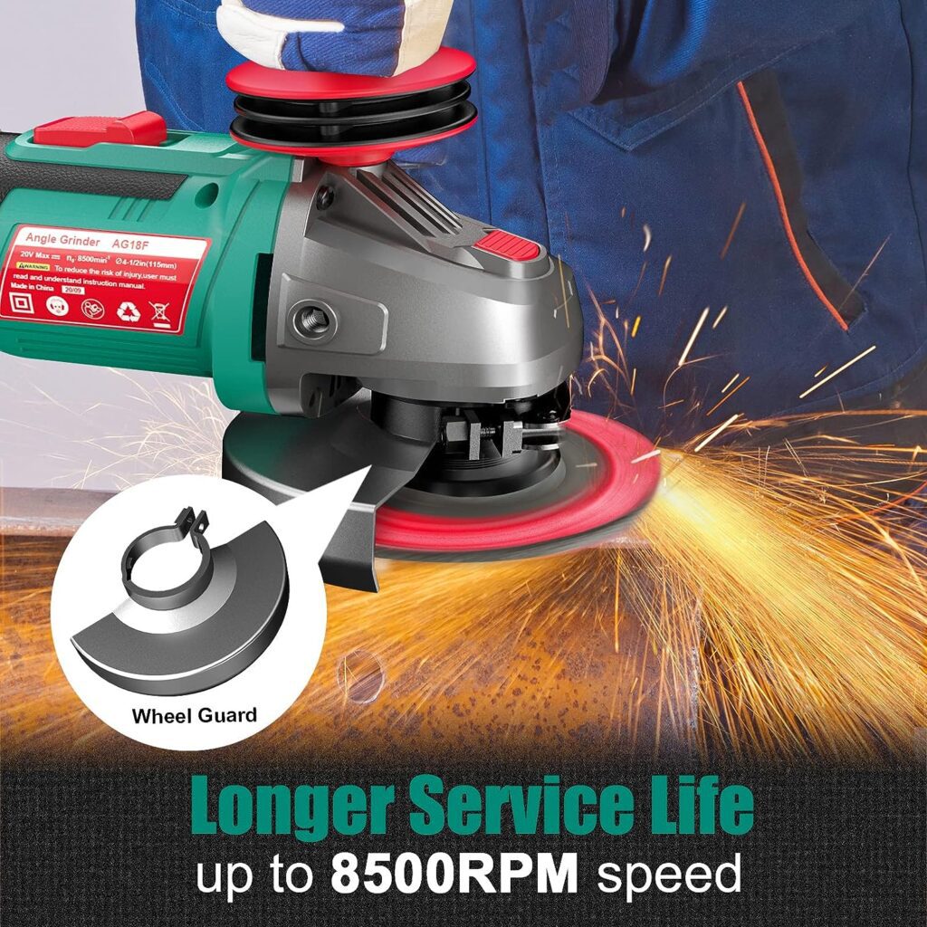 HYCHIKA 18V Power Angle Grinder,Cordless Grinder with 4.0Ah Battery and Fast Charger,8500RPM,5Pcs 4-1/2 Disc,3-Position Auxiliary Handle for Cutting and Grinding