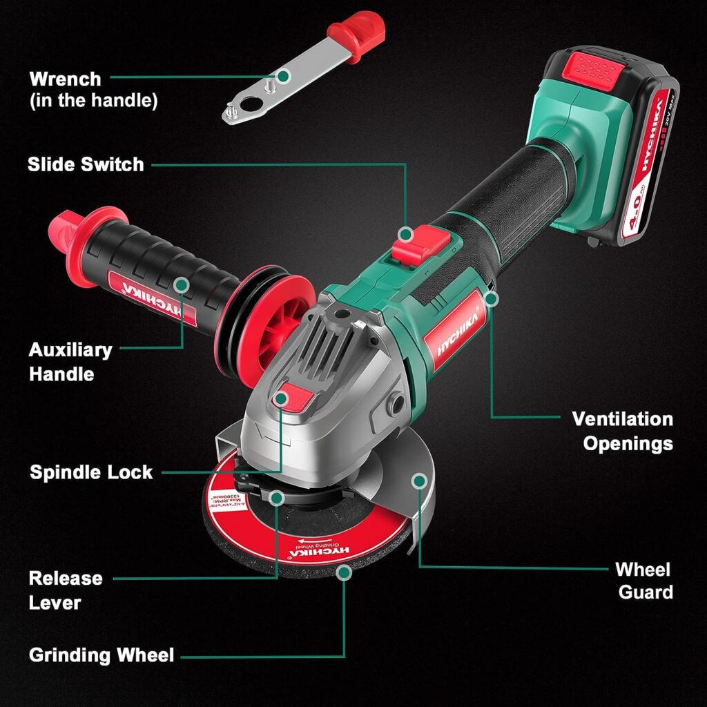 HYCHIKA 18V Power Angle Grinder,Cordless Grinder with 4.0Ah Battery and Fast Charger,8500RPM,5Pcs 4-1/2 Disc,3-Position Auxiliary Handle for Cutting and Grinding