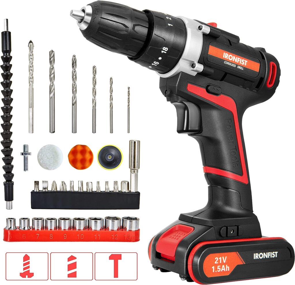 IRONFIST Cordless Drill, Screwdriver Impact Power Tools 21V Lithium Battery 3/8inch Keyless Chuck Led Light 2 Speed Driver