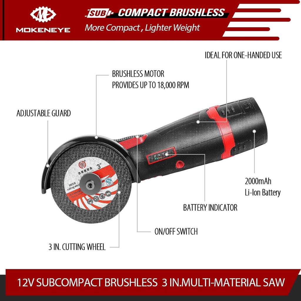 MOKENEYE 12V 3-Inch Mini Angle Grinder Power Tools, Brushless Cordless Compact Cut Off Tool, Mini Cutter With 3 Cutting Wheels And 1 Grinding Wheel for Plastic/Pipe/Drywall/Metal Cutting  Grinding