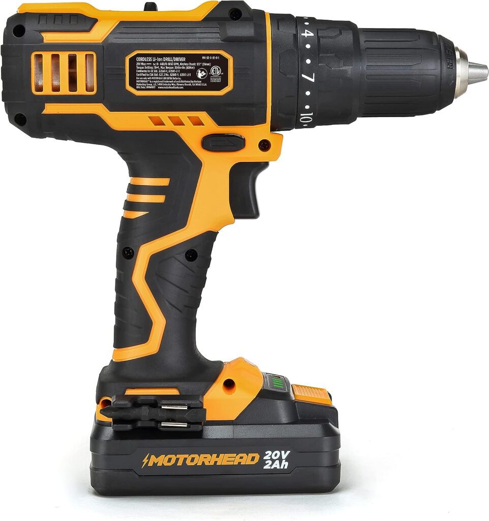 MOTORHEAD 20V ULTRA Cordless Drill Driver, Lithium-Ion, ½” Keyless Chuck, 16+1+1 Clutch, 2-Speed Transmission, Variable Speed Trigger, Built-in LED, 2Ah Battery, Charger, 22 Accessory Bits, USA-Based
