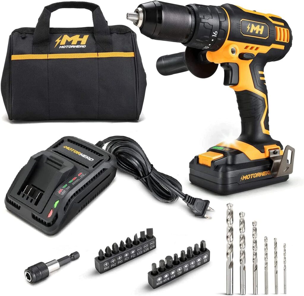 MOTORHEAD 20V ULTRA Cordless Hammer Drill Driver, Lithium-Ion, ½” Ratcheting Keyless Chuck, 16+1+1 Clutch, 2-Speed Transmission, Variable Speed Trigger, Built-in LED, 2Ah Battery, Charger, USA-Based