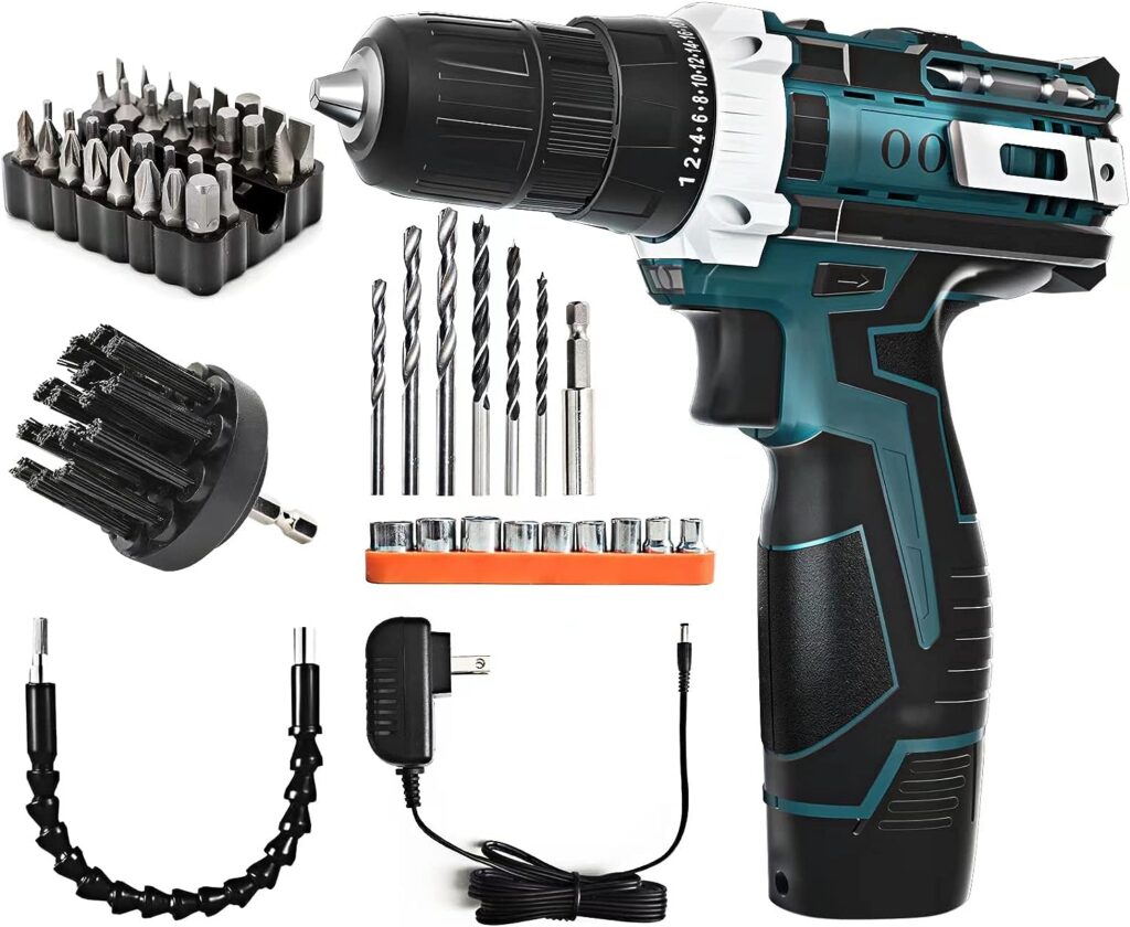 OOX 12V Cordless Drill Driver Set, 12V Power Drill with 2 Lithium-Ion Batteries, 3/8 inches Keyless Chuck, Electric Drill with 2-variable speed switch LED Drill, Cleaning Brush and 50pcs Drill Bits