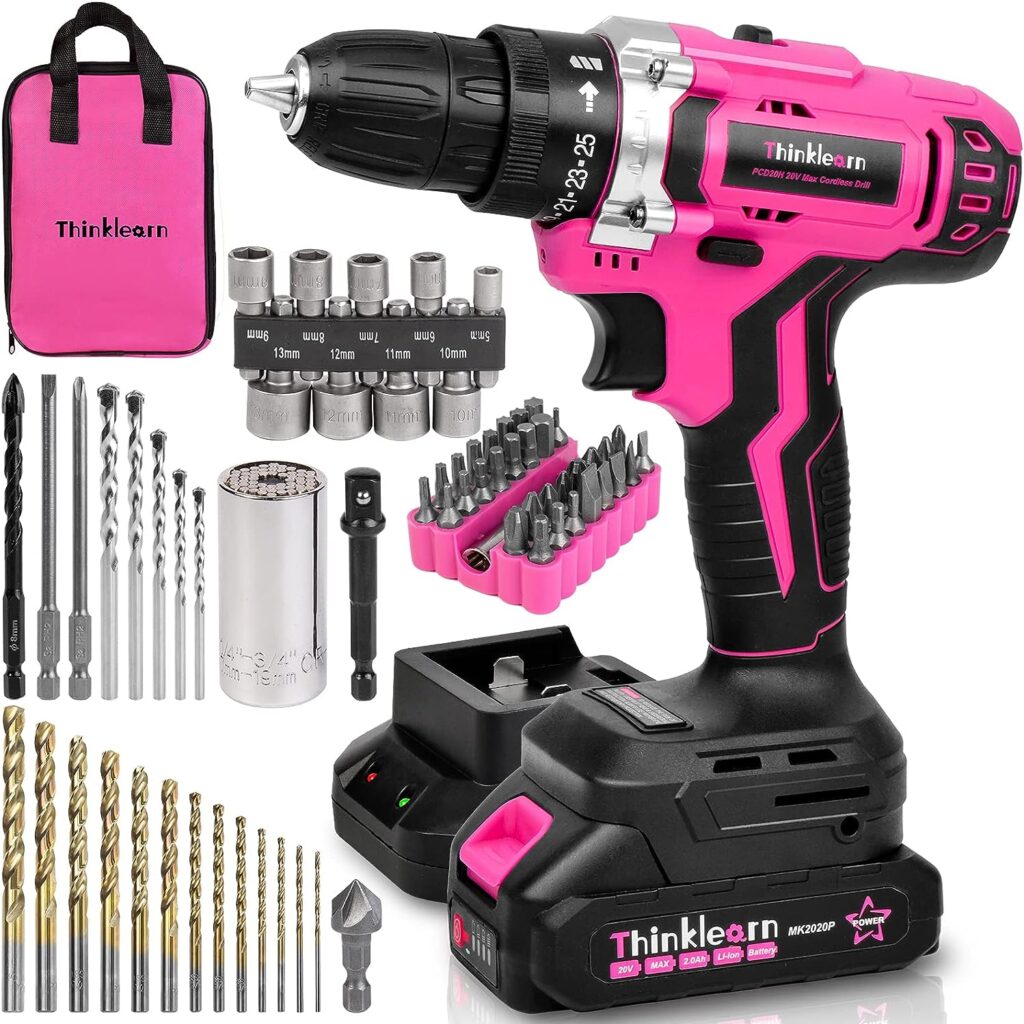 Pink Cordless Drill Set, 20V Lithium-ion Power Drill Set for Women with 67Pcs Drill Driver Bits, 3/8Keyless Chuck, 25+1 Position Electric Drill, 2.0Ah Battery, Fast Charger and Storage Bag Included