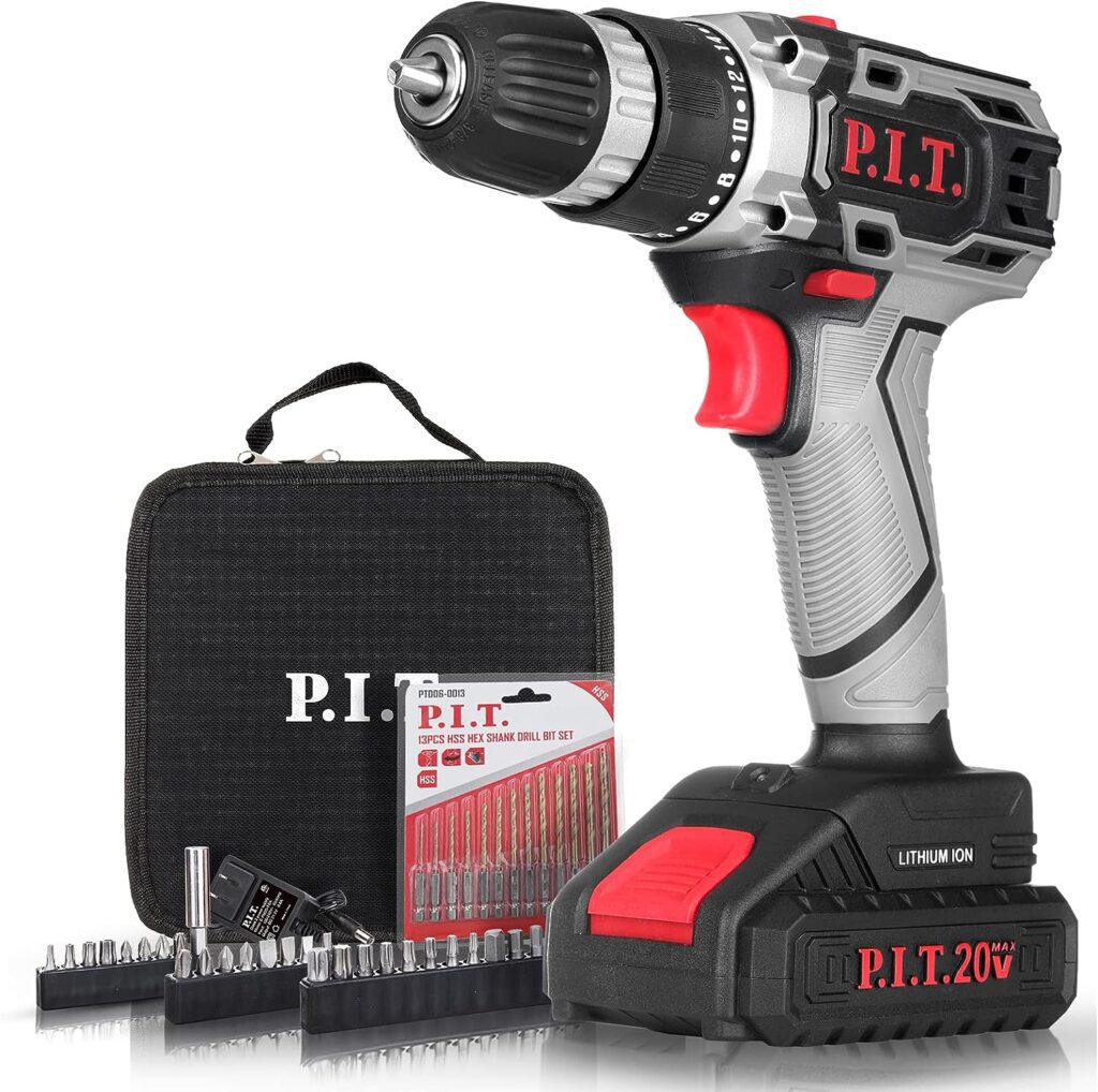 P.I.T. Cordless Drill, 20V Electric Power Drill Set with 1 Li-ion Battery  Charger, 3/8”Keyless Chuck, 2 Variable Speed, 30N.m Torque, 20+1 Position and 42pcs Drill/Driver Bits