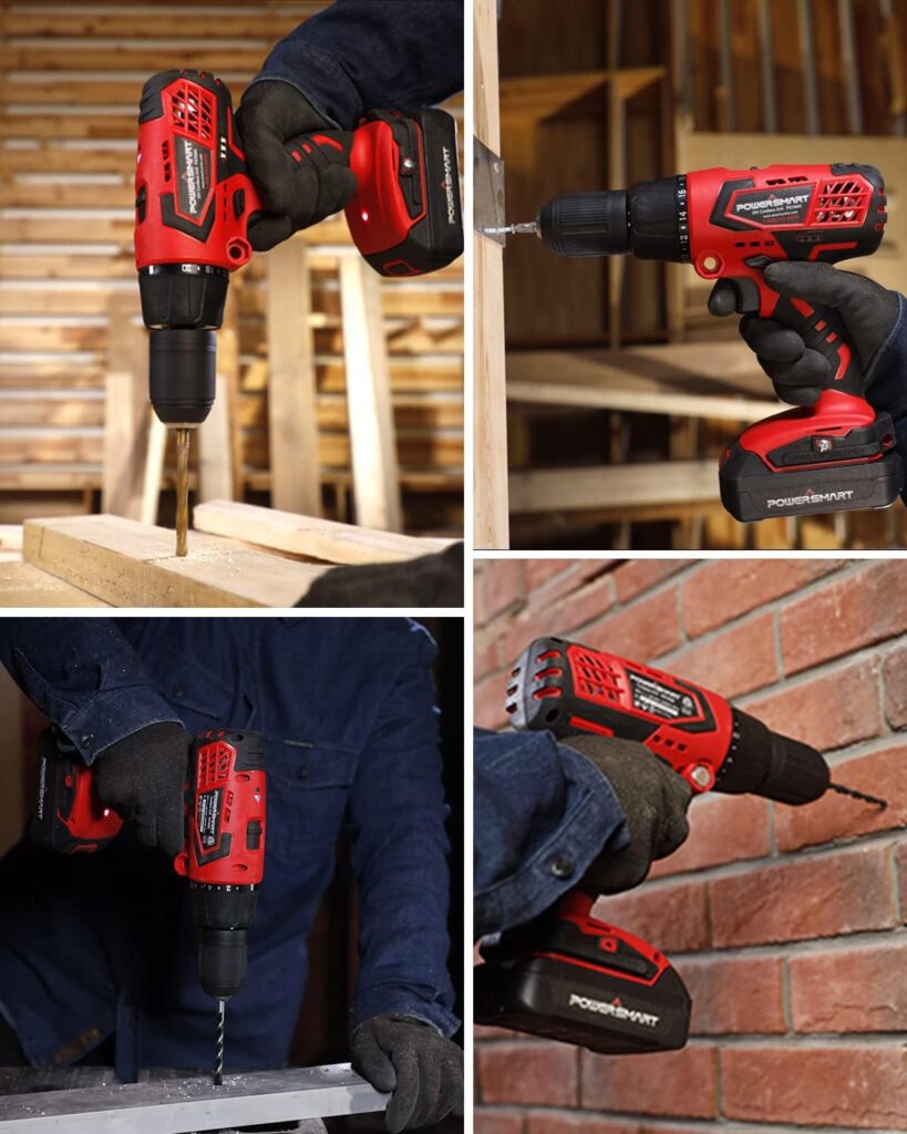 PowerSmart Cordless Drill Driver, 20V Drill Driver Brushes, 300 in-lb Torque Impact Drill Driver, 3/8 Chuck, Power Drill Driver Built-in LED, 1.5Ah Lithium-Ion Battery  Charger Included