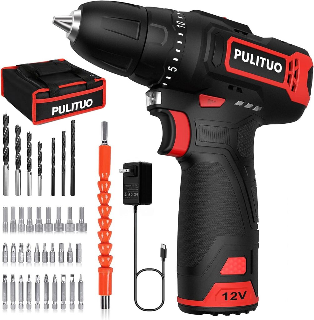 PULITUO Cordless Drill/Driver Kit, Power drill Set with 35N.m Torque, 20+1 Clutch, 3/8 Keyless Chuck, 2-Variable Speed-12V Electric Drill Driver for Wood Bricks Walls Metal