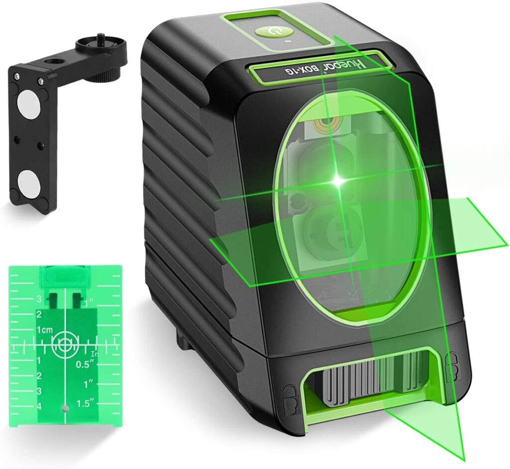 Self-leveling Laser Level - Huepar Box-1G 150ft/45m Outdoor Green Cross Line Laser Level with Vertical Beam Spread Covers of 150°, Selectable Laser Lines, 360° Magnetic Base and Battery Included