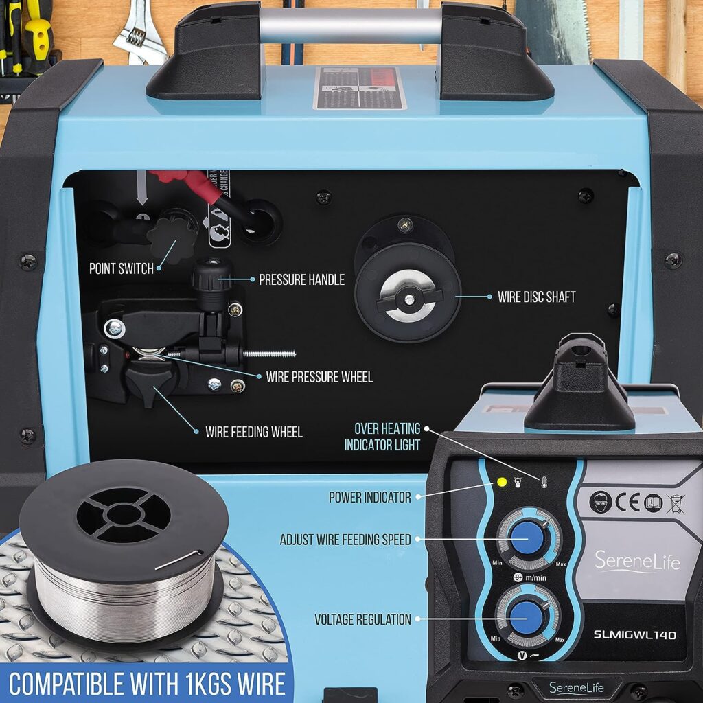 SereneLife Inverter MIG Welding Machine - Dual Voltage 110/220v, Gas Option, 130 Amp MIG Inverter Welder w/Adjustable Speed - Full Starter Kit: Welding Gun, Ground Wire, Brush, Mask