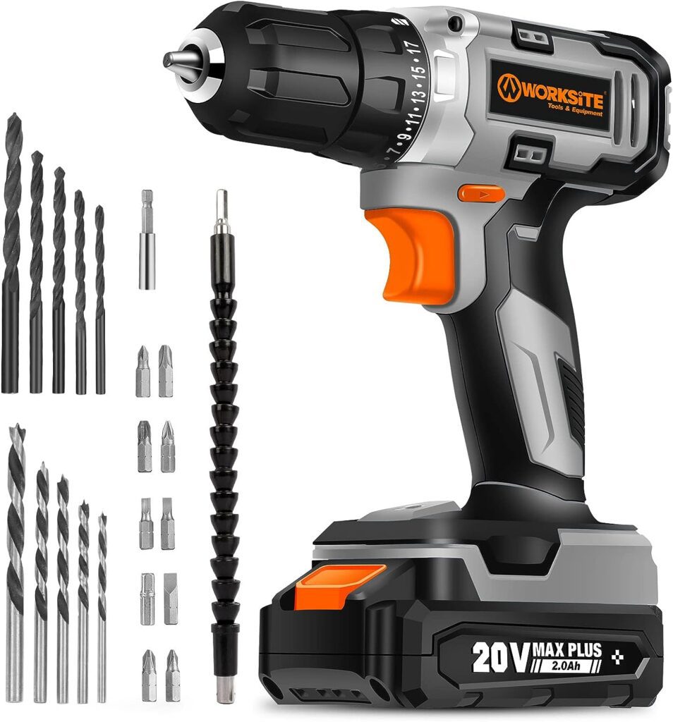 WORKSITE Cordless Drill/Driver Kit, 20V MAX 3/8 Compact Drill Set with 2.0A Battery, Charger, 309 In-lbs Max Torque, 24pcs Accessories for Drilling Wood Metal