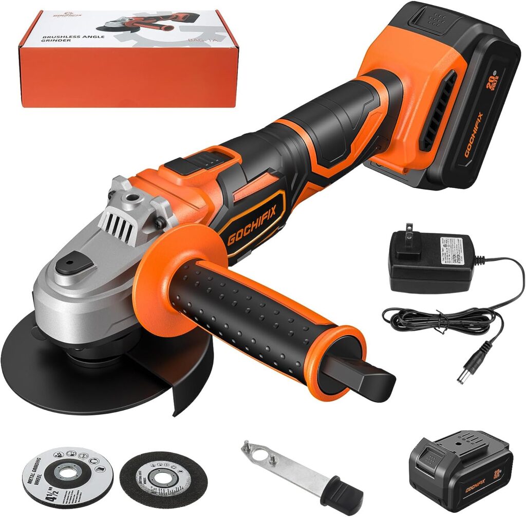 Angle Grinder, GOCHIFIX Cordless Grinders Power Tools 20v 4-1/2 Inch Brushless Grinders Tool with 4.0Ah Battery  Fast Charger, Grinding  Cutting Wheels for Metal, for Workshops, Home Lovers