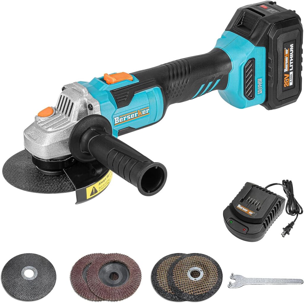 Berserker 20V Cordless 4-1/2 Brushless Power Angle Grinder Tool, 4.0Ah Li-Ion Battery Operated and Fast Charger, Electric Handheld Grinder for Metal Wood with Grinding Cutting Wheel and Flap Disc