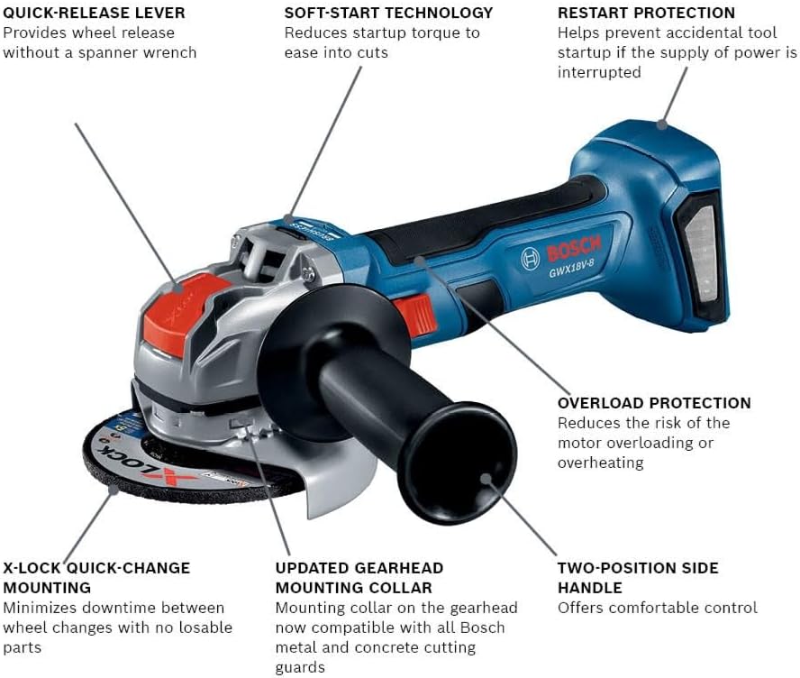 BOSCH GWX18V-8N 18V X-LOCK Brushless 4-1/2 In. Angle Grinder with Slide Switch (Bare Tool),Blue