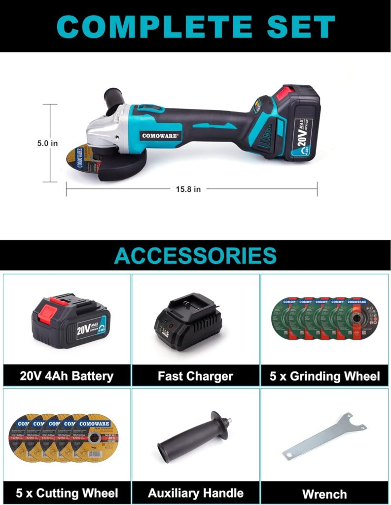 COMOWARE 4-1/2 Inch Cordless Angle Grinder, 20VBrushless Angle Grinder Tool w/ 4.0Ah Lithium-Ion Battery  Fast Charge