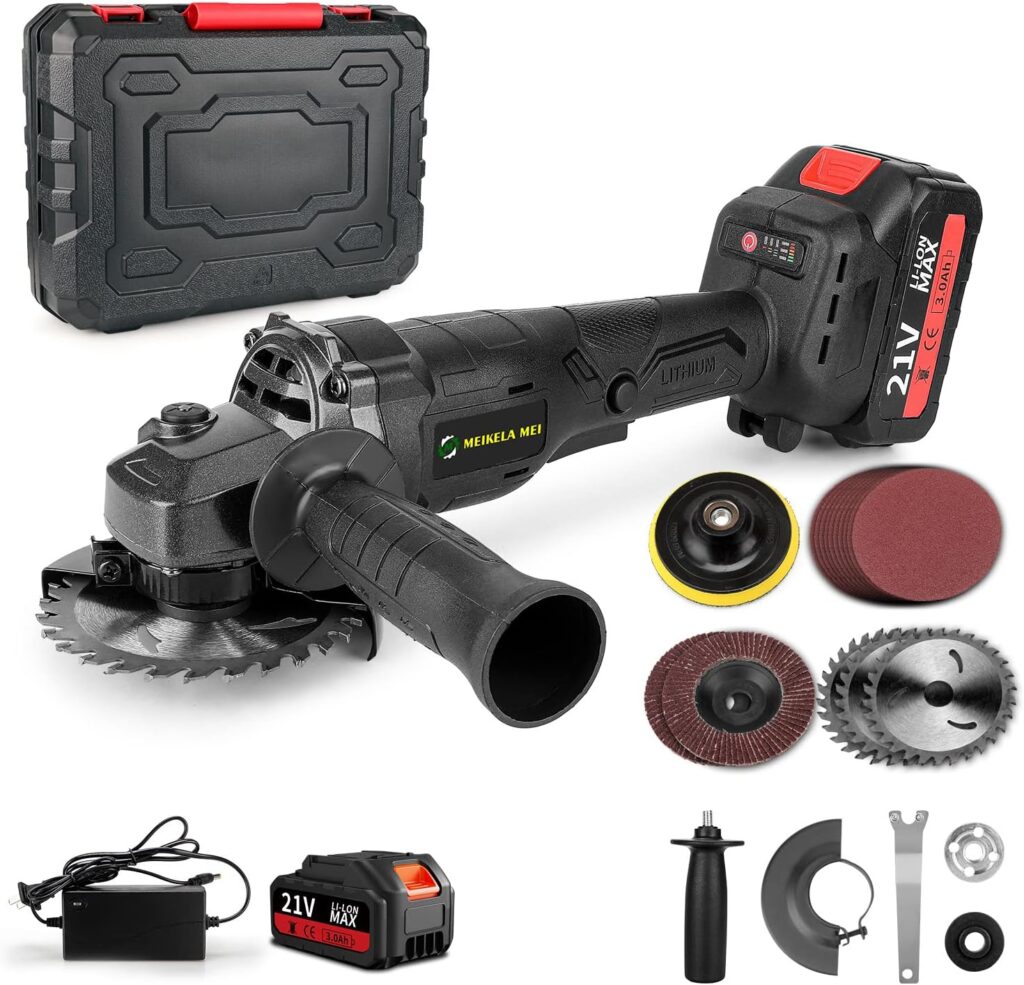Cordless Angle Grinder with 4-pole Motor, 21V Cordless Grinders Tools w/3.0A Battery  Fast Charger, 4-3/8 Inch Grinding Wheels, Cutting Wheels, Flap Discs and Adjustable Auxiliary Handle