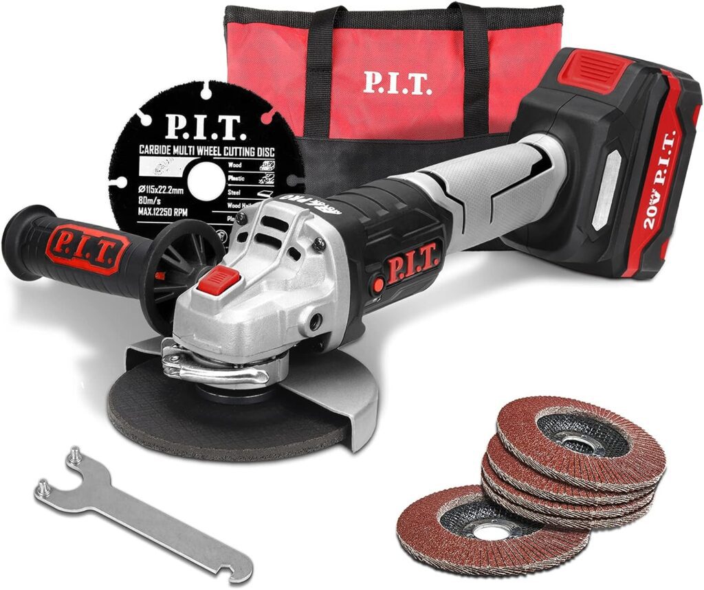 P.I.T. 20V Cordless Angle Grinder, 4 1/2 in. Power Angle Grinder 7/8 in.Arbor with 4.0 Ah Lithium-ion Battery and Charger, Diamond Cutting Wheel and Flap Discs