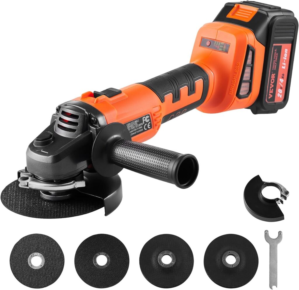 VEVOR Cordless Angle Grinder Kit, 4-1/2 9000rpm Brushless Motor, 3 Variable Speed, Electric Grinder Power Tools with 20V 4.0Ah Battery  Fast Charger For Cutting, Polishing, Rust Removal