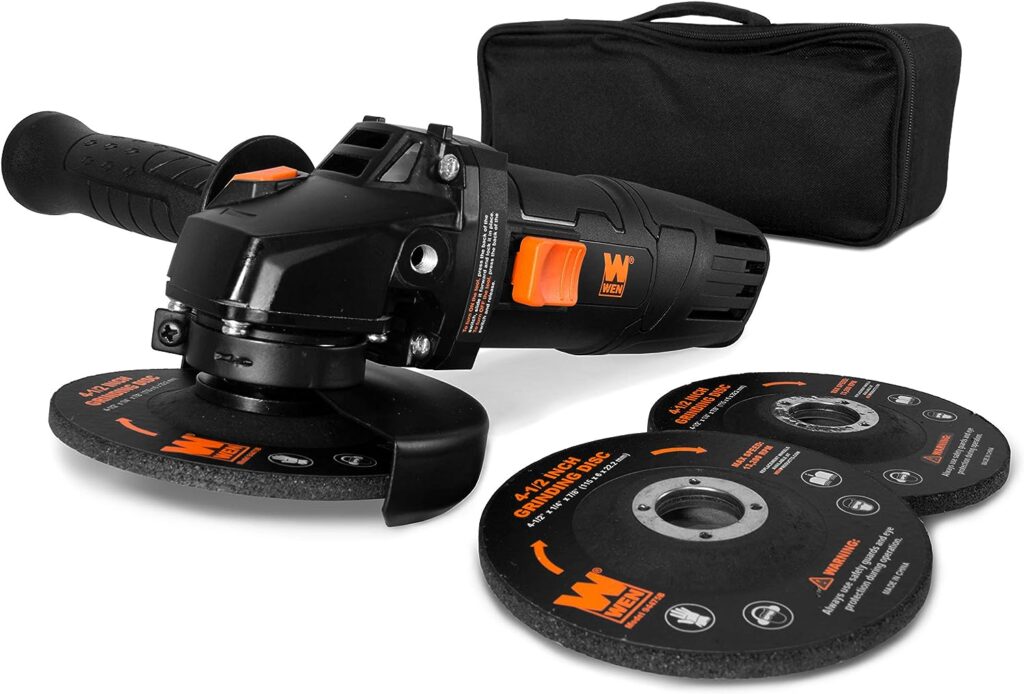 WEN 94475 7.5-Amp 4-1/2-Inch Angle Grinder with Reversible Handle, Three Grinding Discs, and Carrying Case, Black,orange